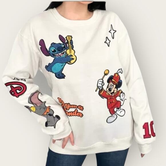 Disney100 Years of Wonder Sweatshirt w Mickey, Stitch, and DumboWhiteL
